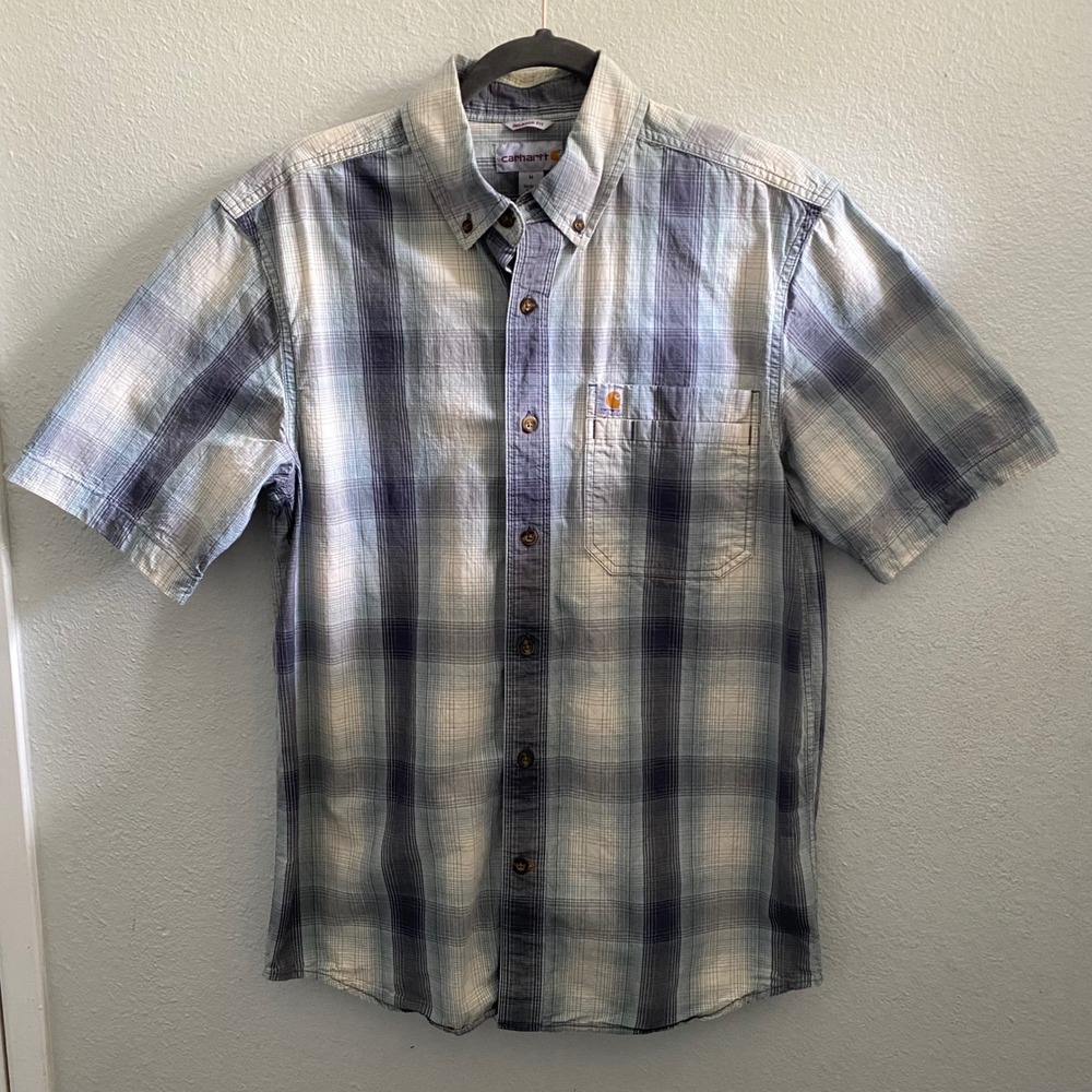 Carhartt Mens Relaxed Fit Plaid Short Sleeve Shirt Blue Grey 104174 BLS Medium
